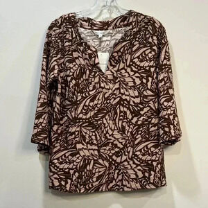 Emily Daniels Women's Long Sleeve Brown and Tan Pattern Pull Over Shirt Size S